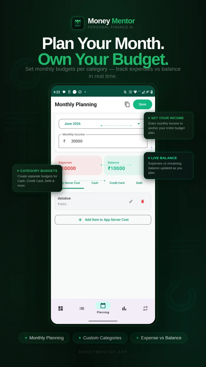 Monthly Planning screen with category budgets and live balance — Plan Your Month. Own Your Budget.