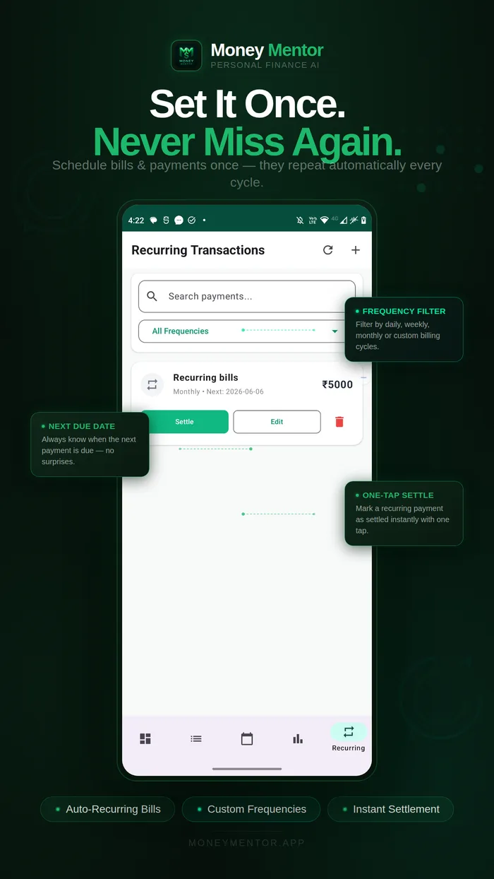 Recurring Transactions screen with frequency filters and one-tap settle — Set It Once. Never Miss Again.